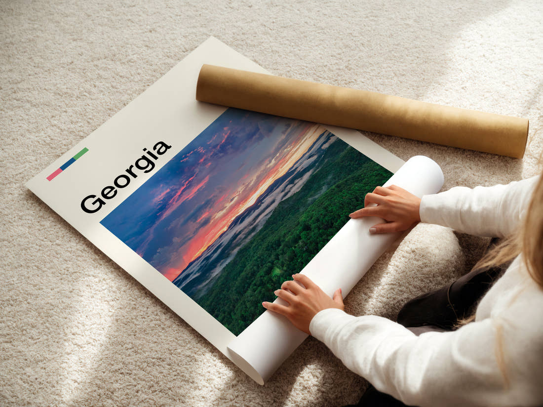 Georgia Forested Hills At Sunset Travel Print being unrolled from its postal tube