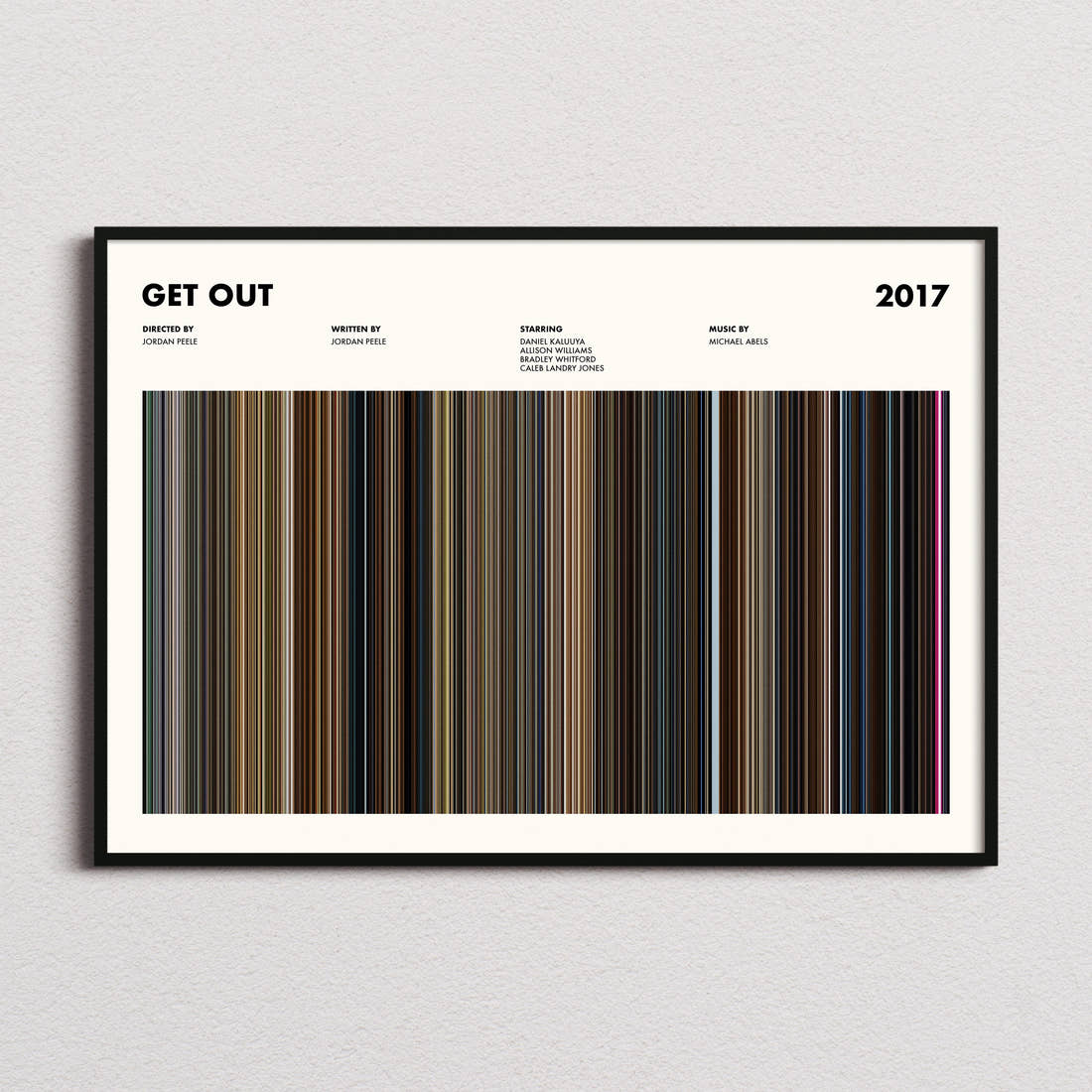 Get Out Movie Barcode Poster framed and photographed straight on