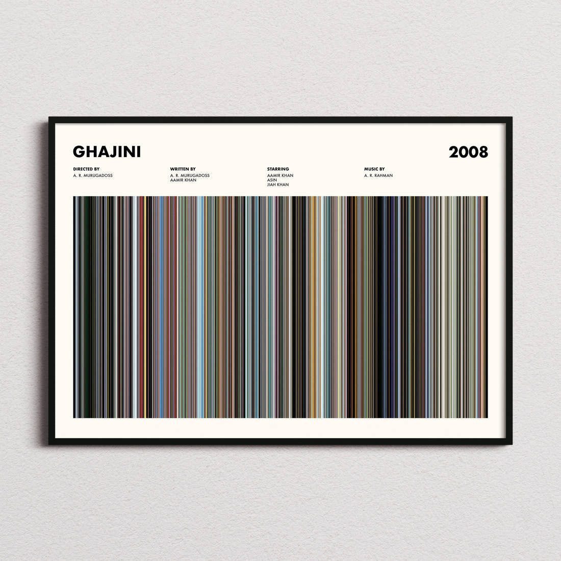 Ghajini Movie Barcode Poster framed and photographed straight on