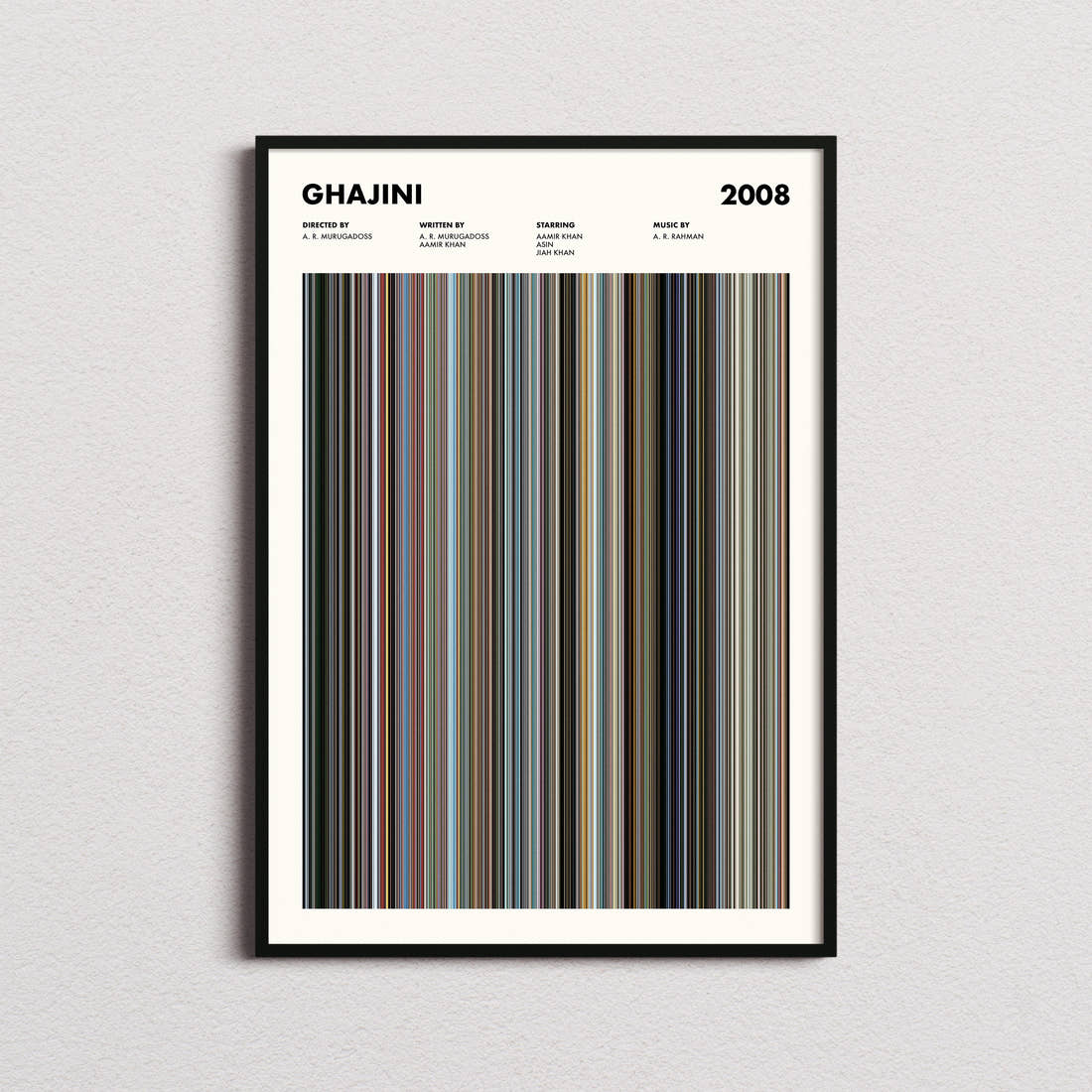 Ghajini Movie Barcode Poster framed on a plain studio wall