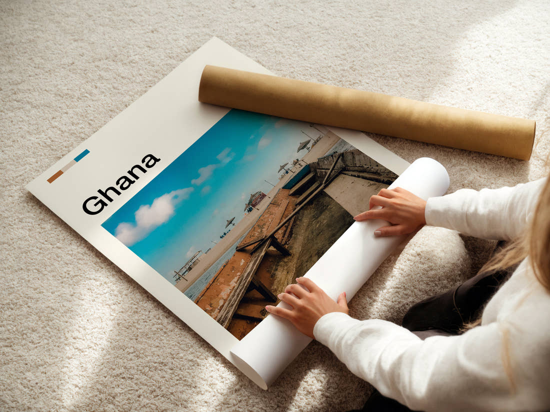 Ghana Wooden Boat On The Beach Travel Print being unrolled from its postal tube