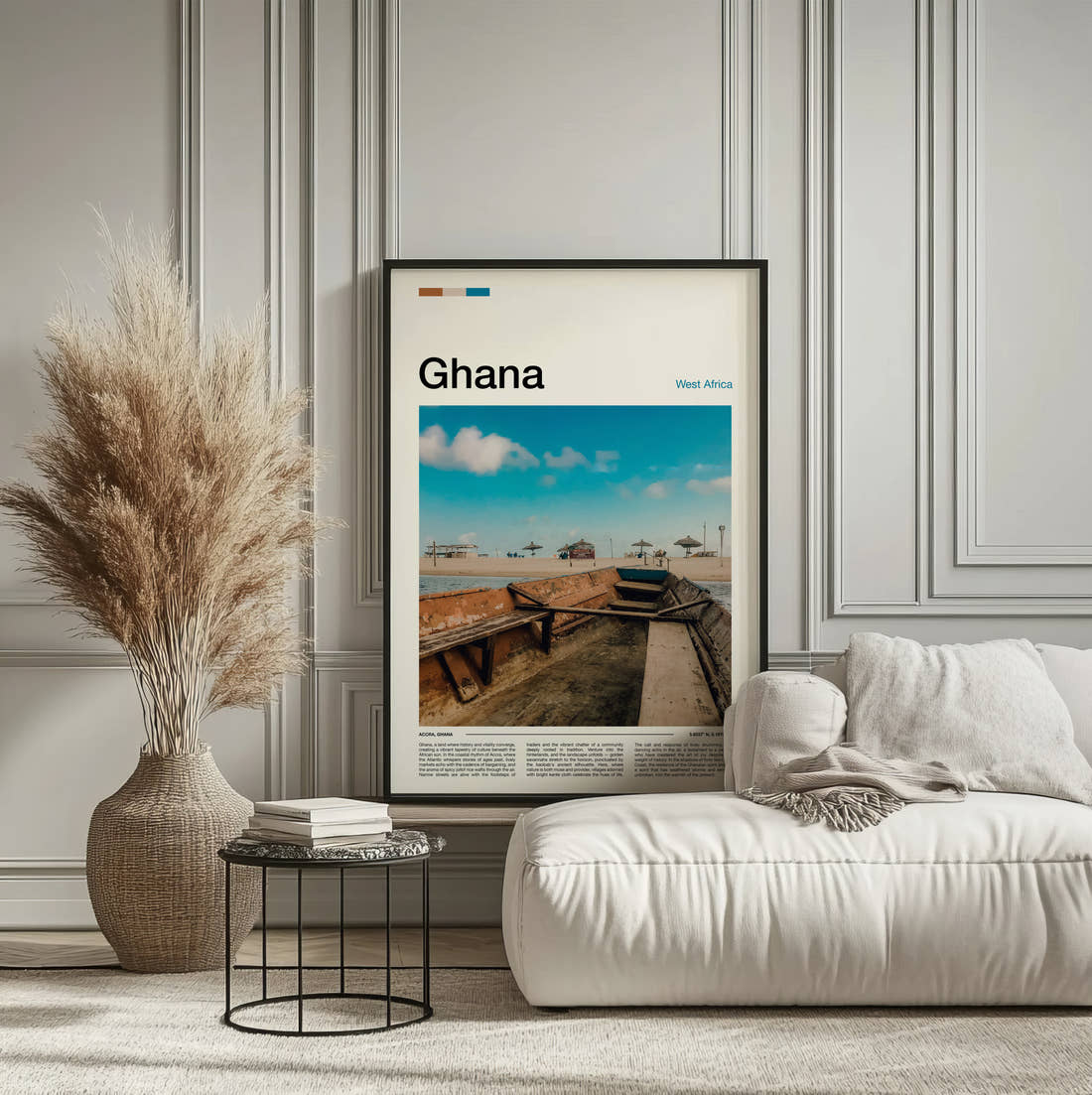 Ghana Wooden Boat On The Beach Travel Print framed on the wall of a calm, neutral bedroom