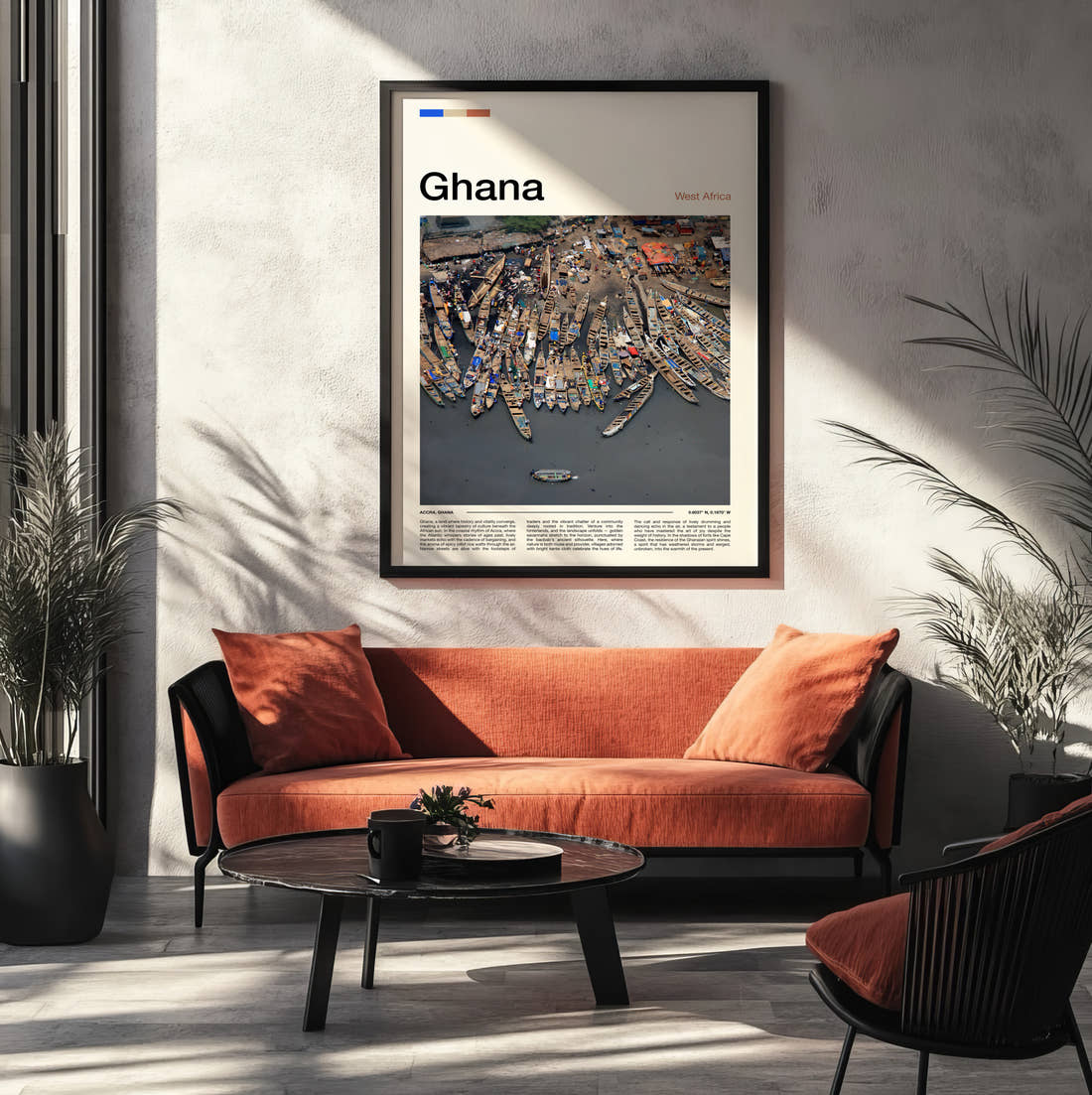 Ghana Fishing Boats Travel Print framed on the wall of a modern living room