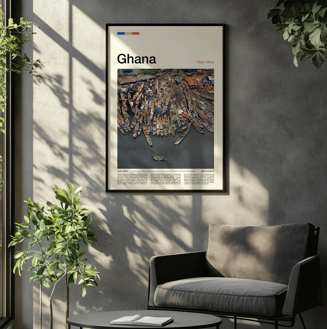 Ghana Fishing Boats Travel Print framed on the wall of a relaxed living room