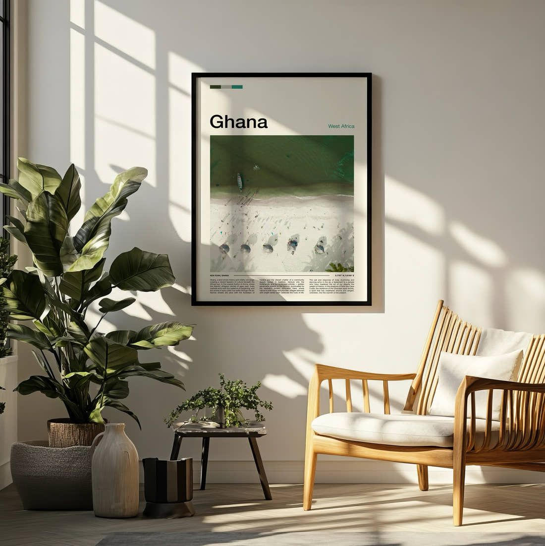 Ghana Aerial View Of The Beach Travel Print framed on a pale wall beside houseplants