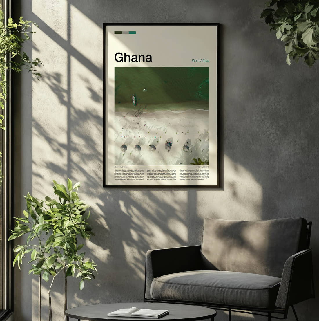 Ghana Aerial View Of The Beach Travel Print framed on the wall of a relaxed living room