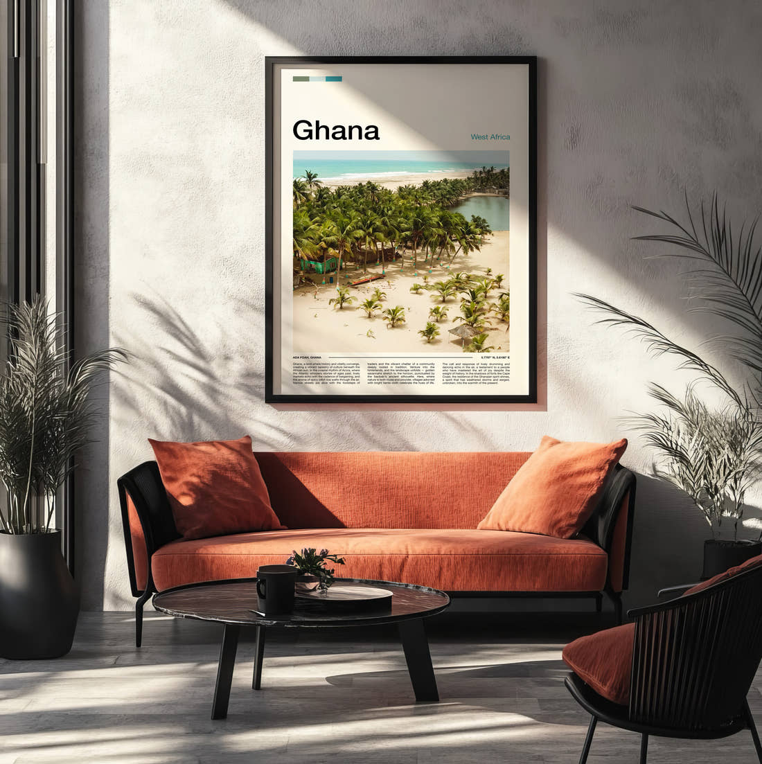 Ghana Palm Trees On The Shore Travel Print framed on the wall of a modern living room