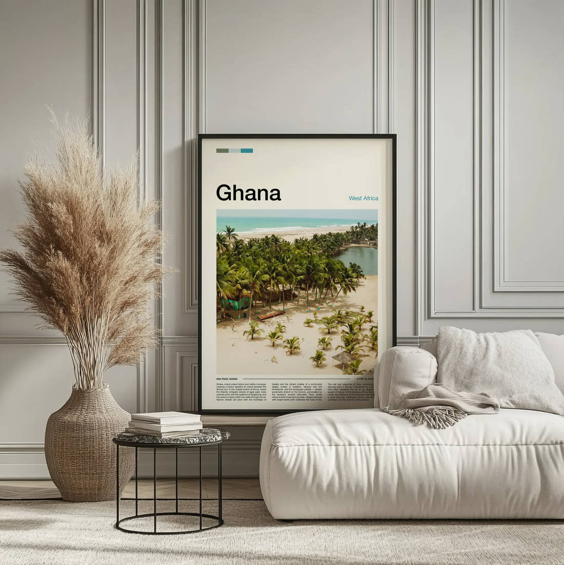 Ghana Palm Trees On The Shore Travel Print framed on the wall of a calm, neutral bedroom