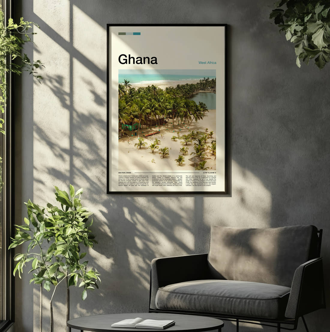 Ghana Palm Trees On The Shore Travel Print framed on the wall of a relaxed living room