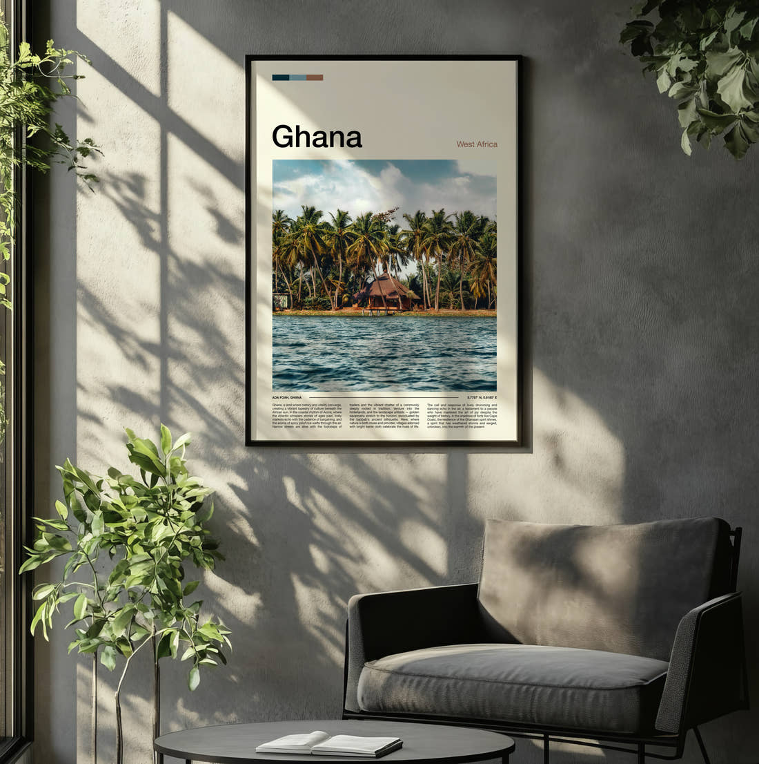 Ghana Thatched Hut Under Palms Travel Print framed on the wall of a relaxed living room
