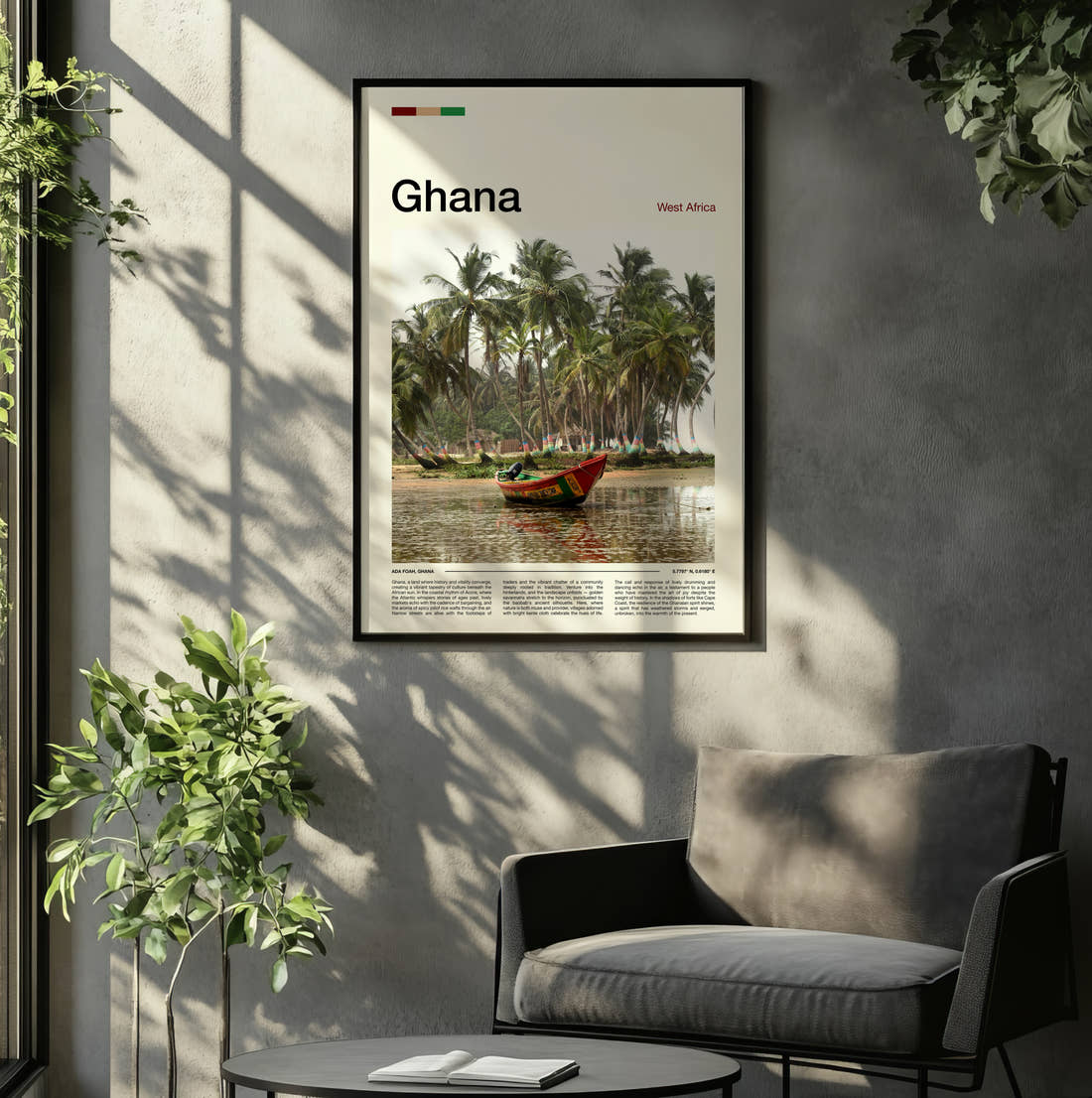 Ghana Wooden Boat And Palm Trees Travel Print framed on the wall of a relaxed living room