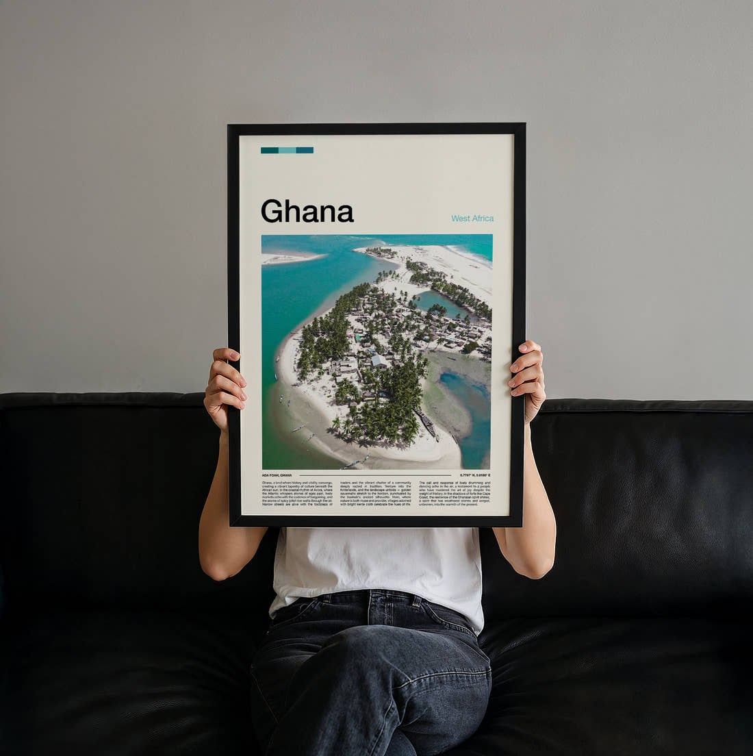 Ghana Aerial View Of The Island Travel Print held up by hand to show the size of the print
