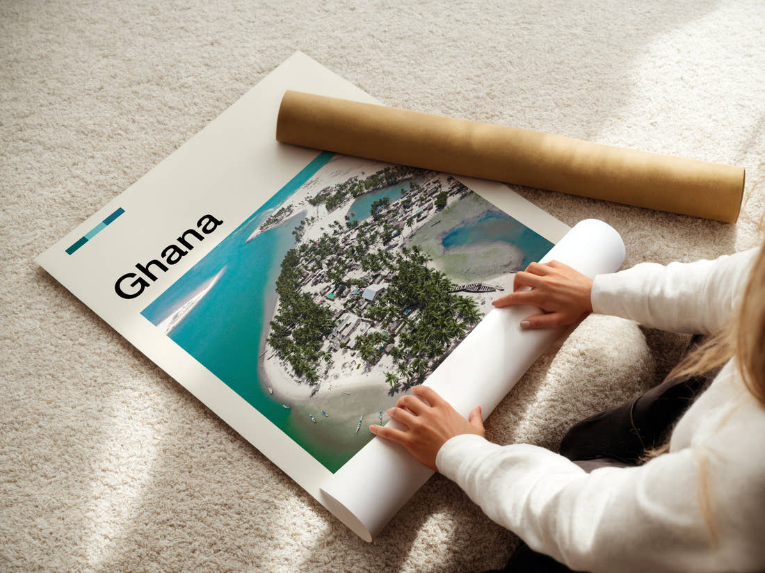 Ghana Aerial View Of The Island Travel Print being unrolled from its postal tube