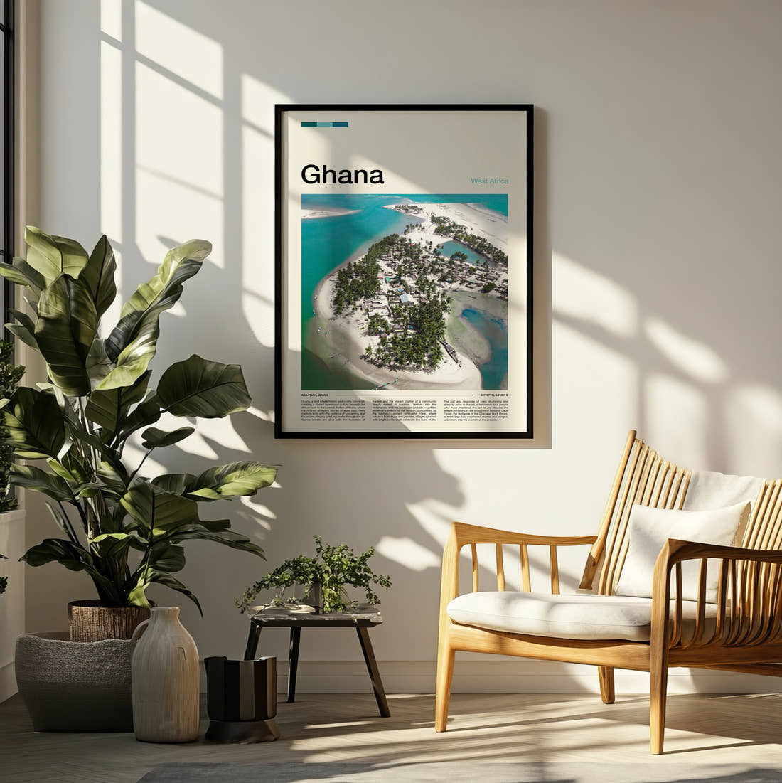 Ghana Aerial View Of The Island Travel Print framed on a pale wall beside houseplants