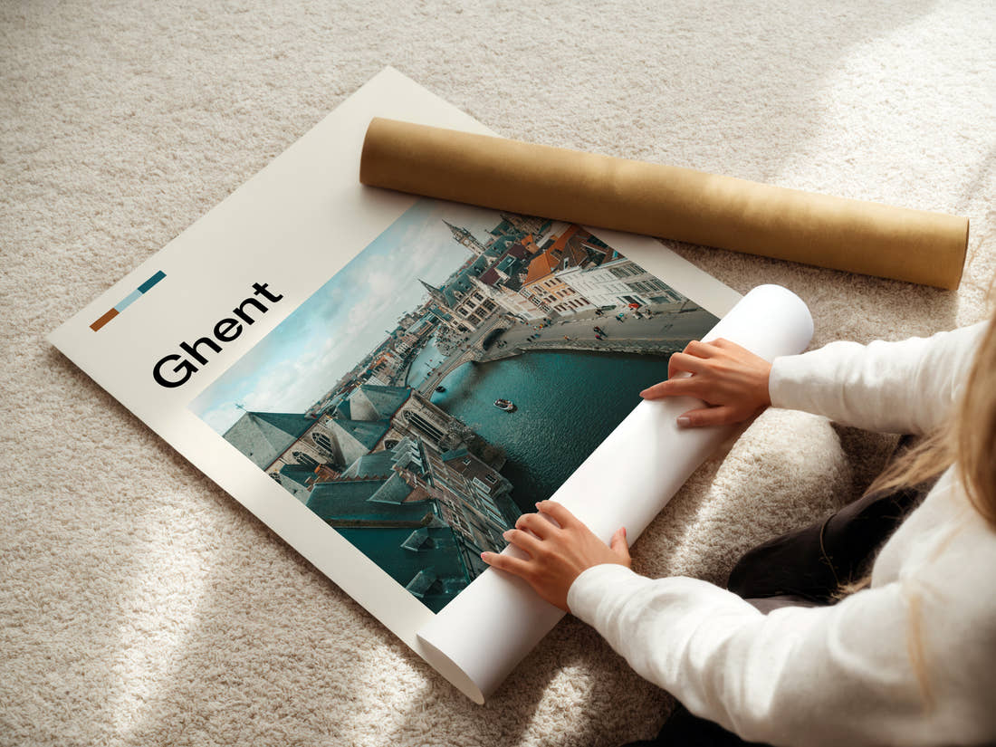 Ghent Canal From Above Travel Print being unrolled from its postal tube