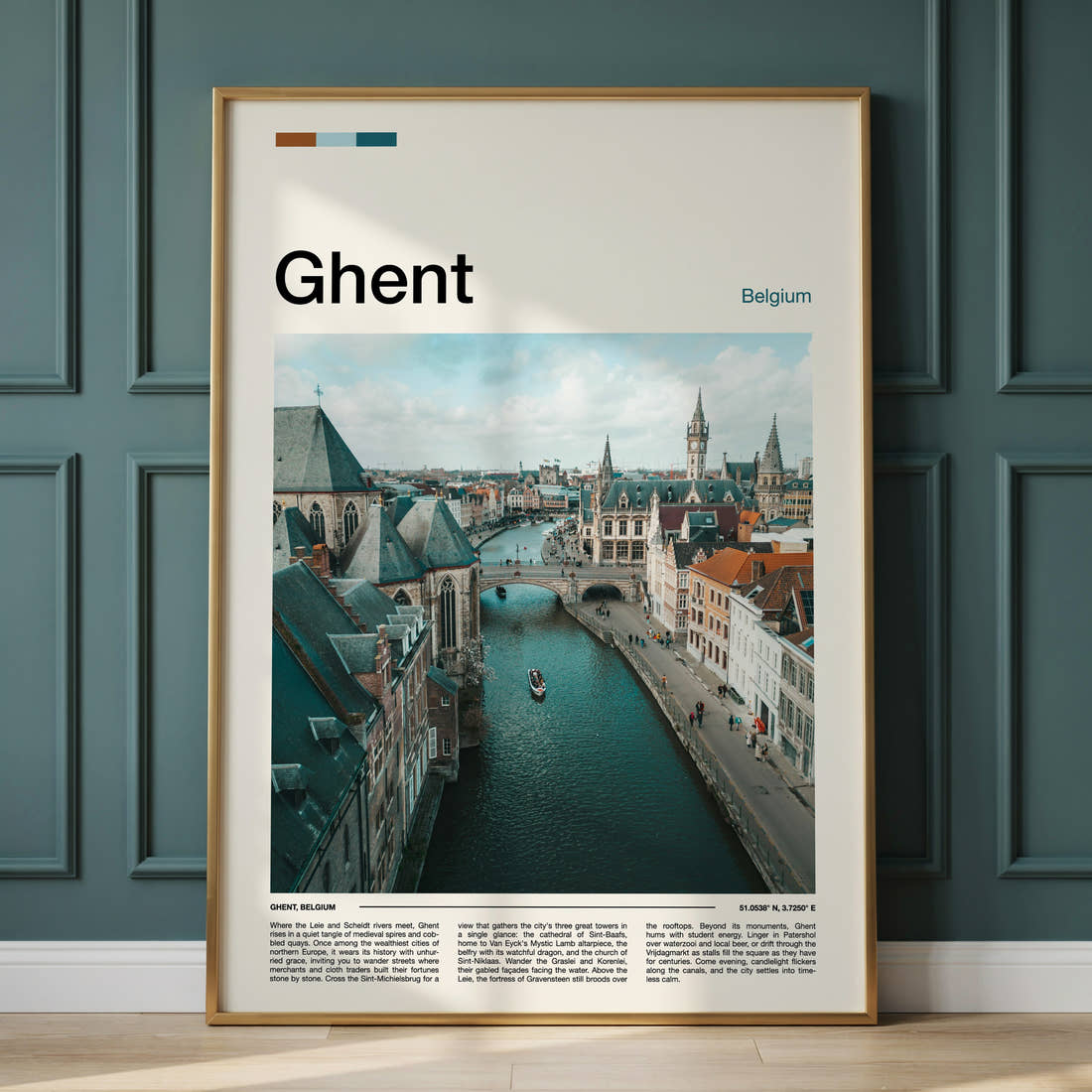 Ghent Canal From Above Travel Print framed on the wall of a calm, neutral bedroom