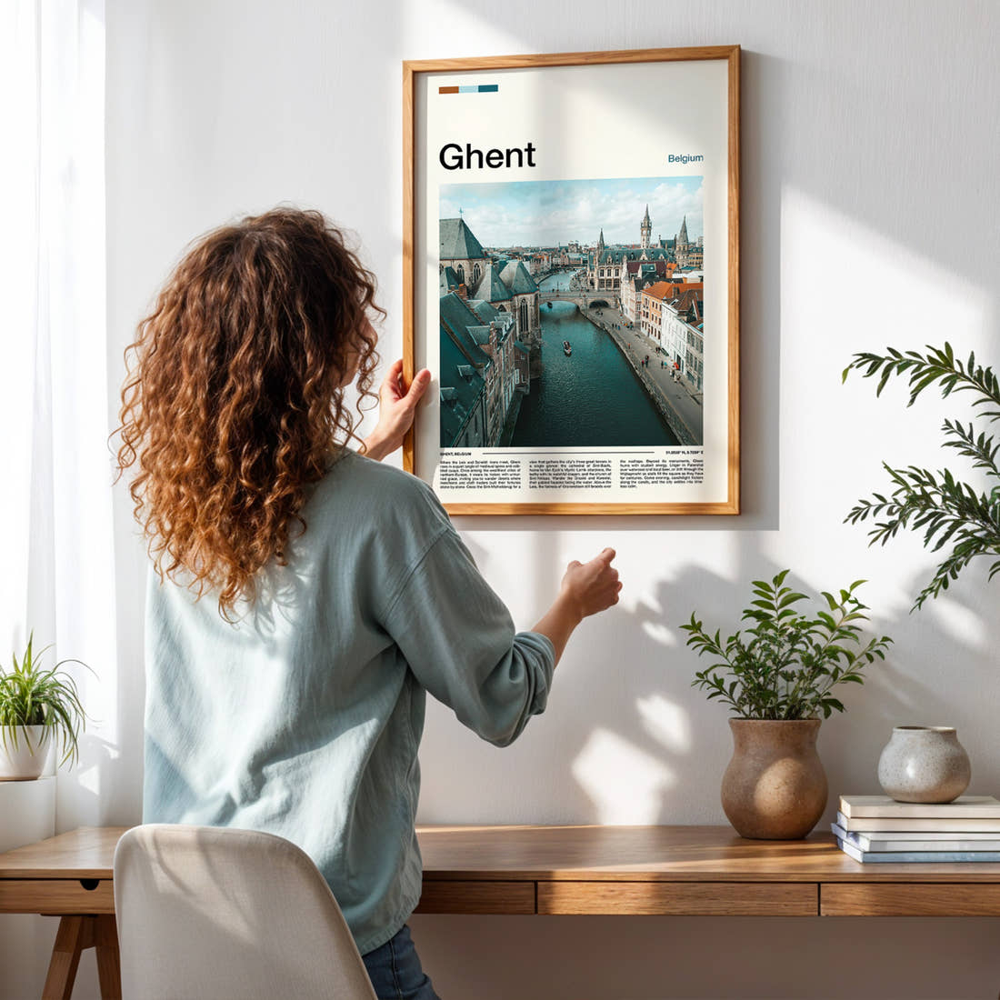 Ghent Canal From Above Travel Print framed on a pale wall beside houseplants