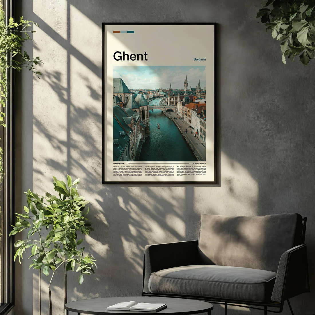 Ghent Canal From Above Travel Print framed on the wall of a relaxed living room