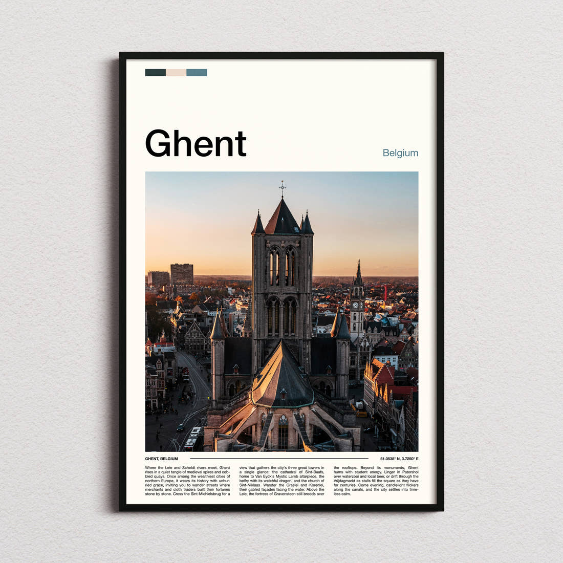 Ghent Gothic Tower Skyline Travel Print framed and photographed straight on