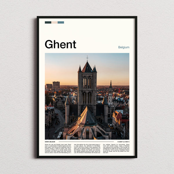 Ghent Gothic Tower Skyline Travel Print framed and photographed straight on