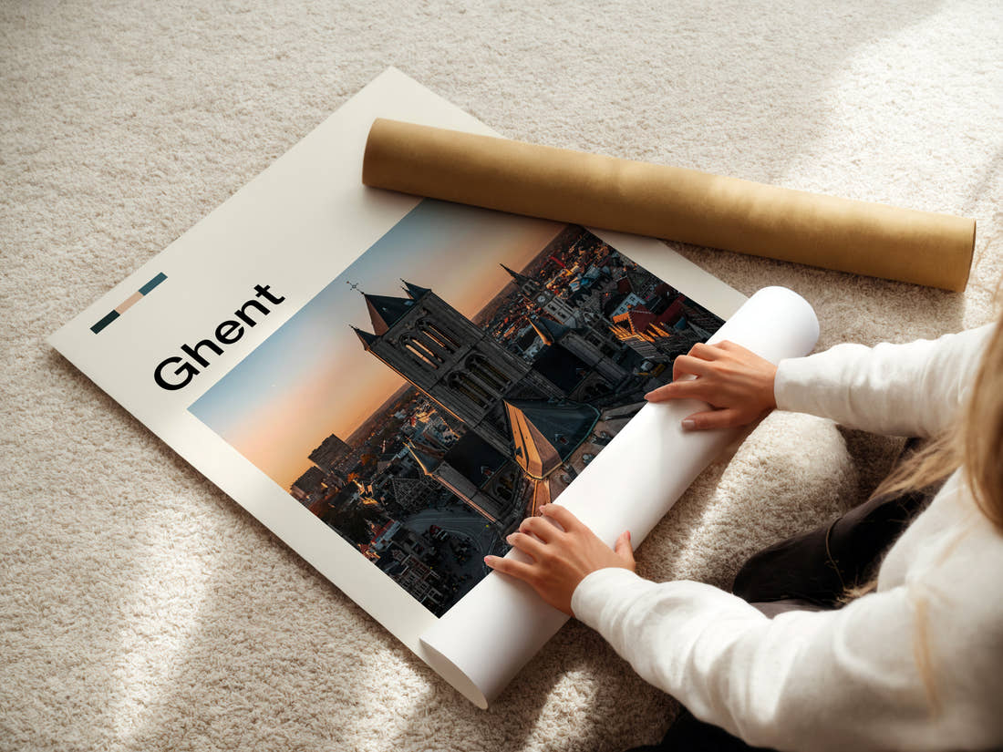 Ghent Gothic Tower Skyline Travel Print being unrolled from its postal tube