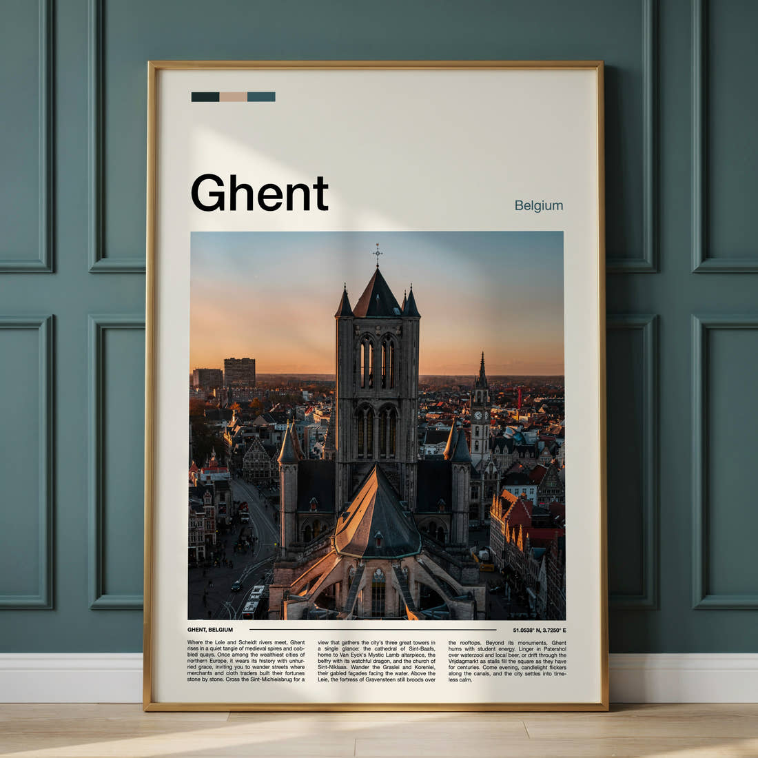 Ghent Gothic Tower Skyline Travel Print framed on the wall of a calm, neutral bedroom