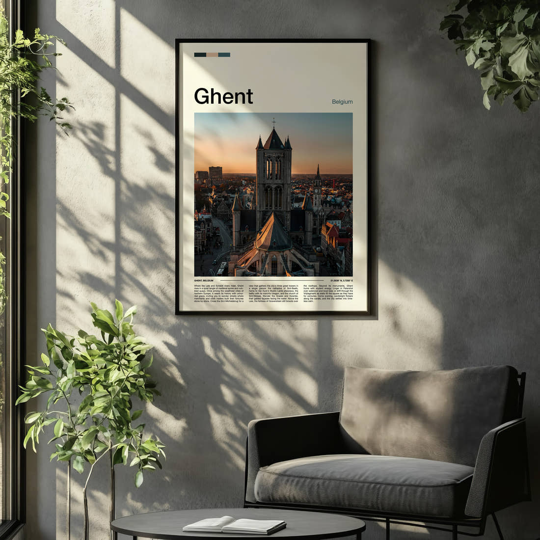 Ghent Gothic Tower Skyline Travel Print framed on the wall of a relaxed living room