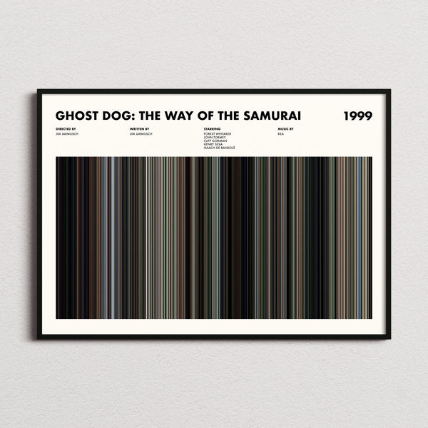 Ghost Dog: The Way of the Samurai Movie Barcode Poster framed and photographed straight on