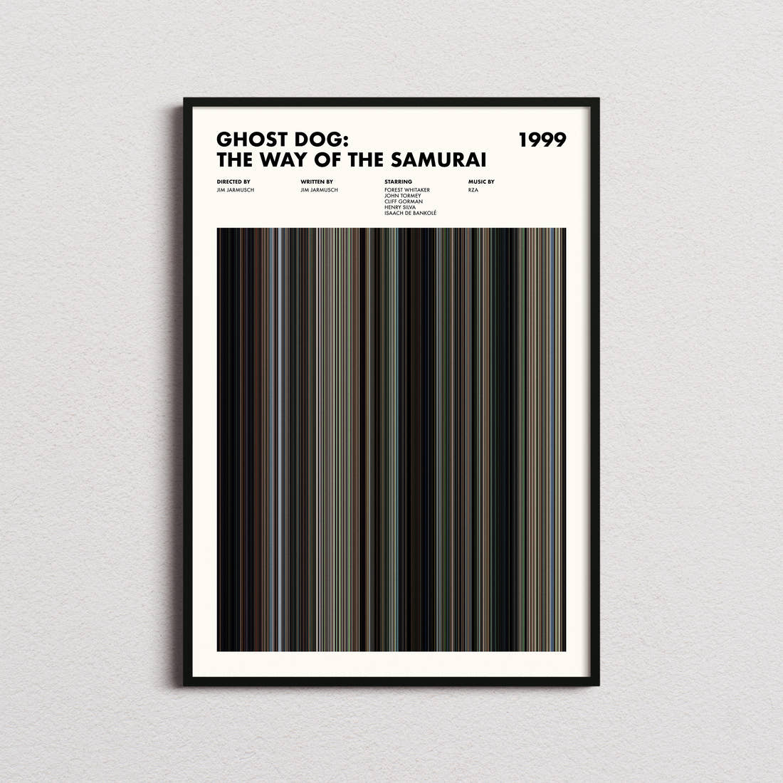 Ghost Dog: The Way of the Samurai Movie Barcode Poster framed on a plain studio wall