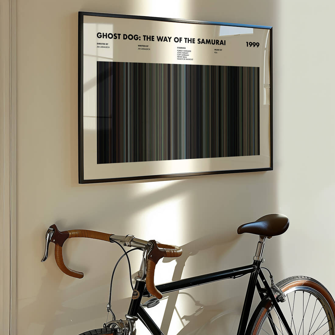 Ghost Dog: The Way of the Samurai Movie Barcode Poster framed on the wall of a styled room setting