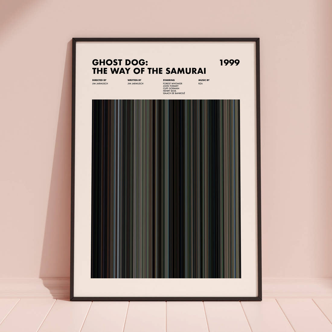 Ghost Dog: The Way of the Samurai Movie Barcode Poster framed and leaning against a coloured wall