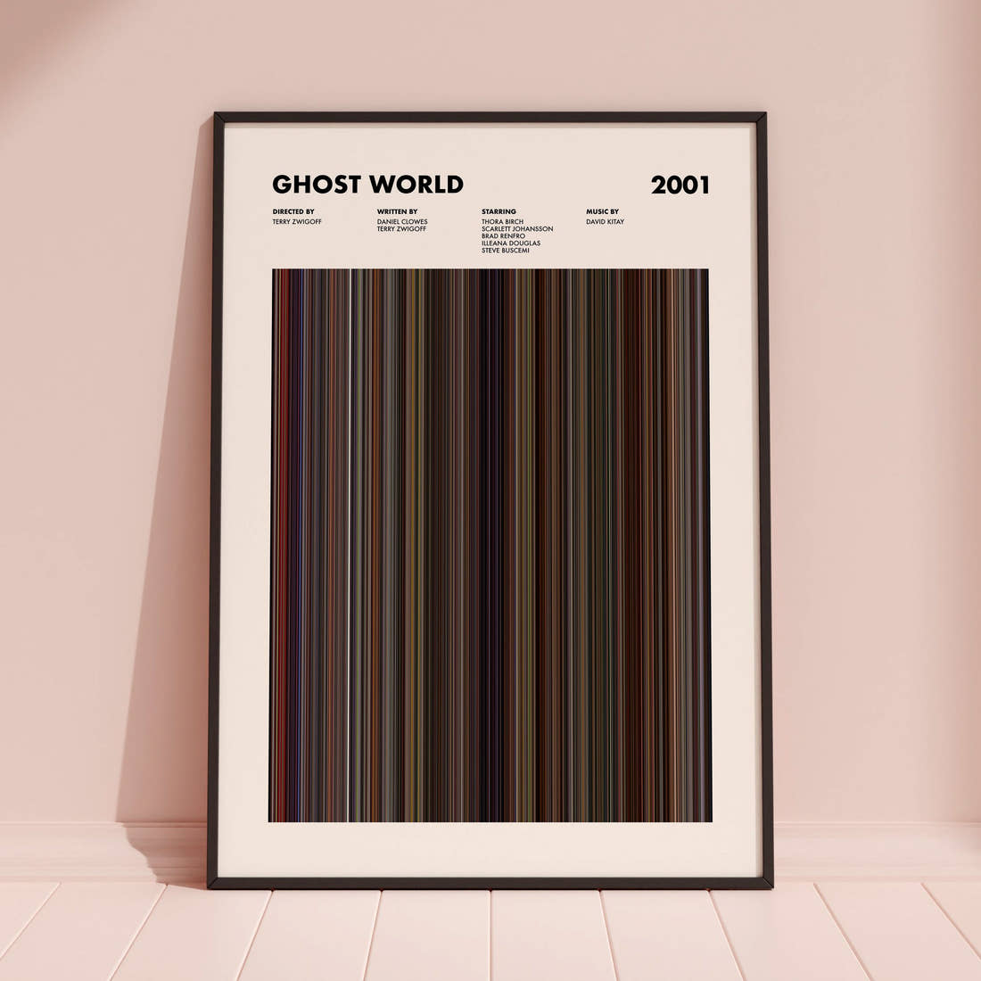 Ghost World Movie Barcode Poster framed and leaning against a coloured wall
