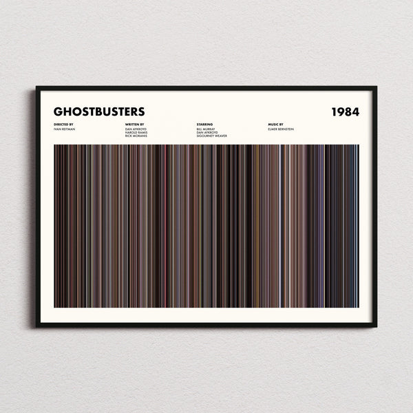 Ghostbusters Movie Barcode Poster framed and photographed straight on