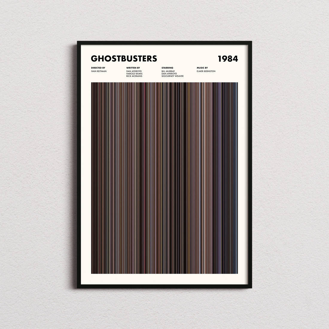 Ghostbusters Movie Barcode Poster framed on a plain studio wall
