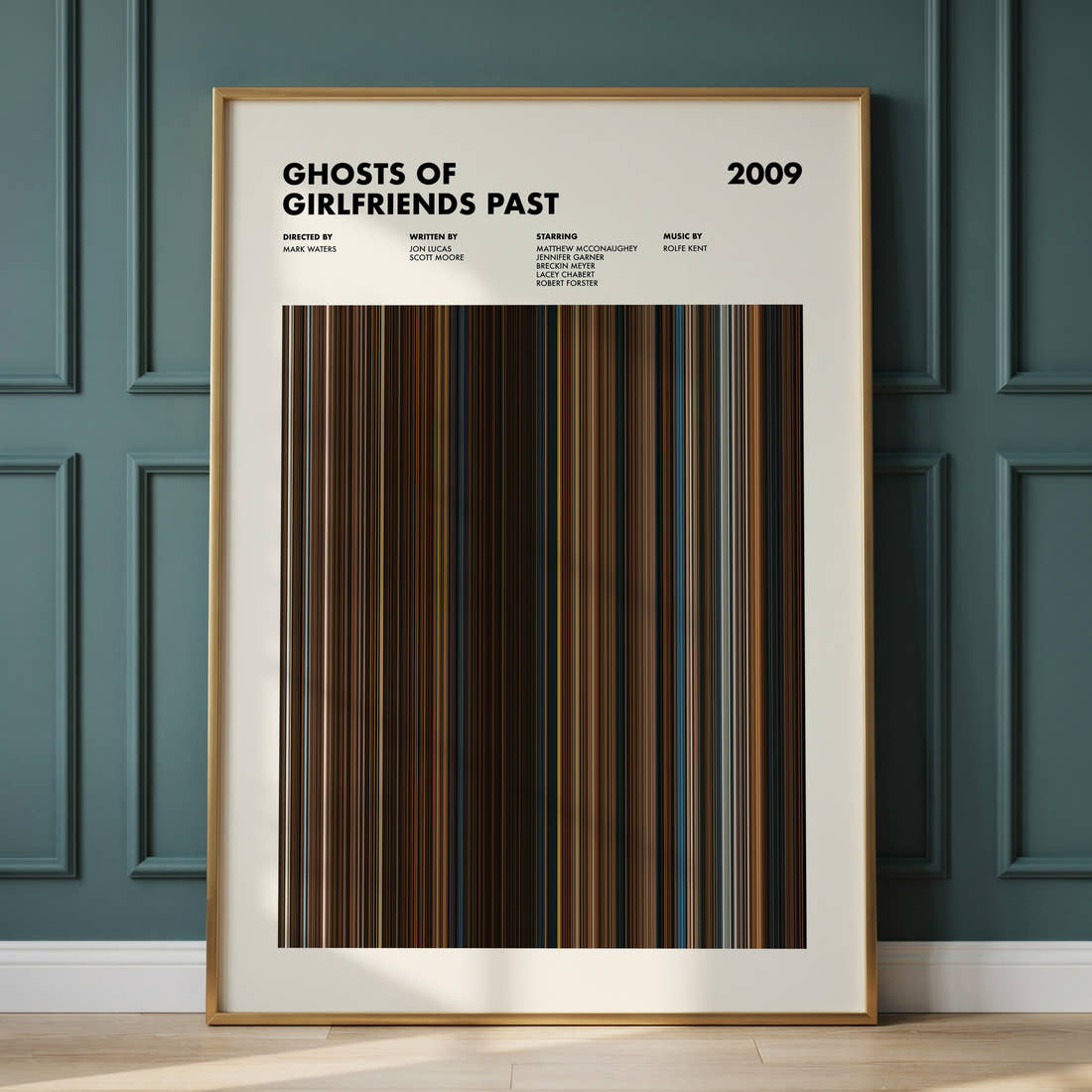 Ghosts of Girlfriends Past Movie Barcode Poster framed and leaning against a panelled wall