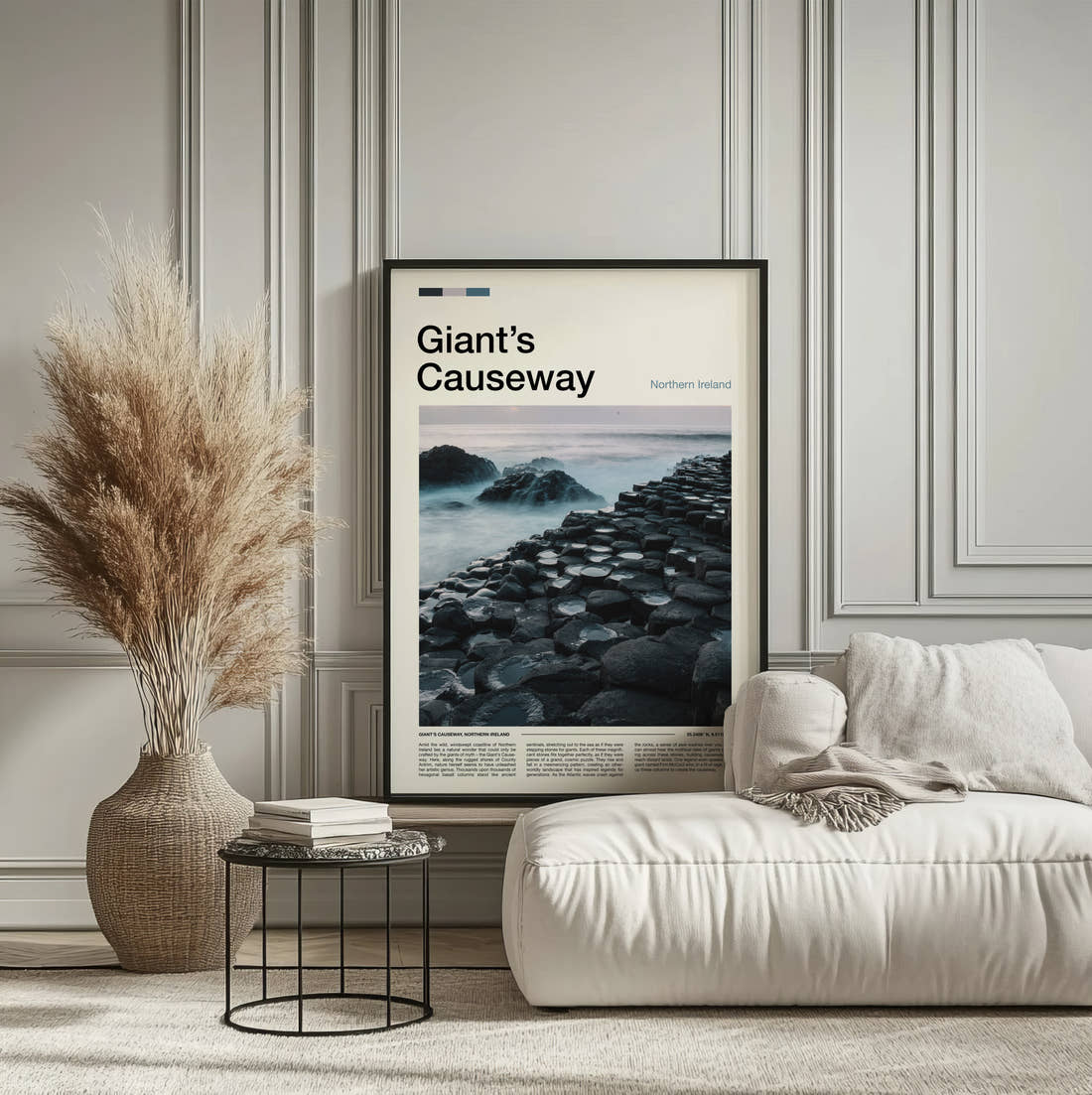 Giant's Causeway Basalt Columns Travel Print framed on the wall of a calm, neutral bedroom