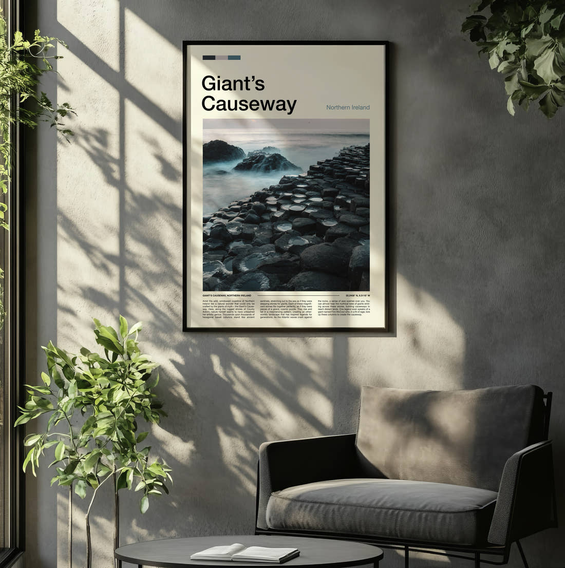 Giant's Causeway Basalt Columns Travel Print framed on the wall of a relaxed living room