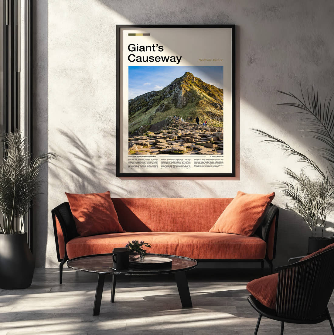 Giant's Causeway Rocky Cliff Path Travel Print framed on the wall of a modern living room