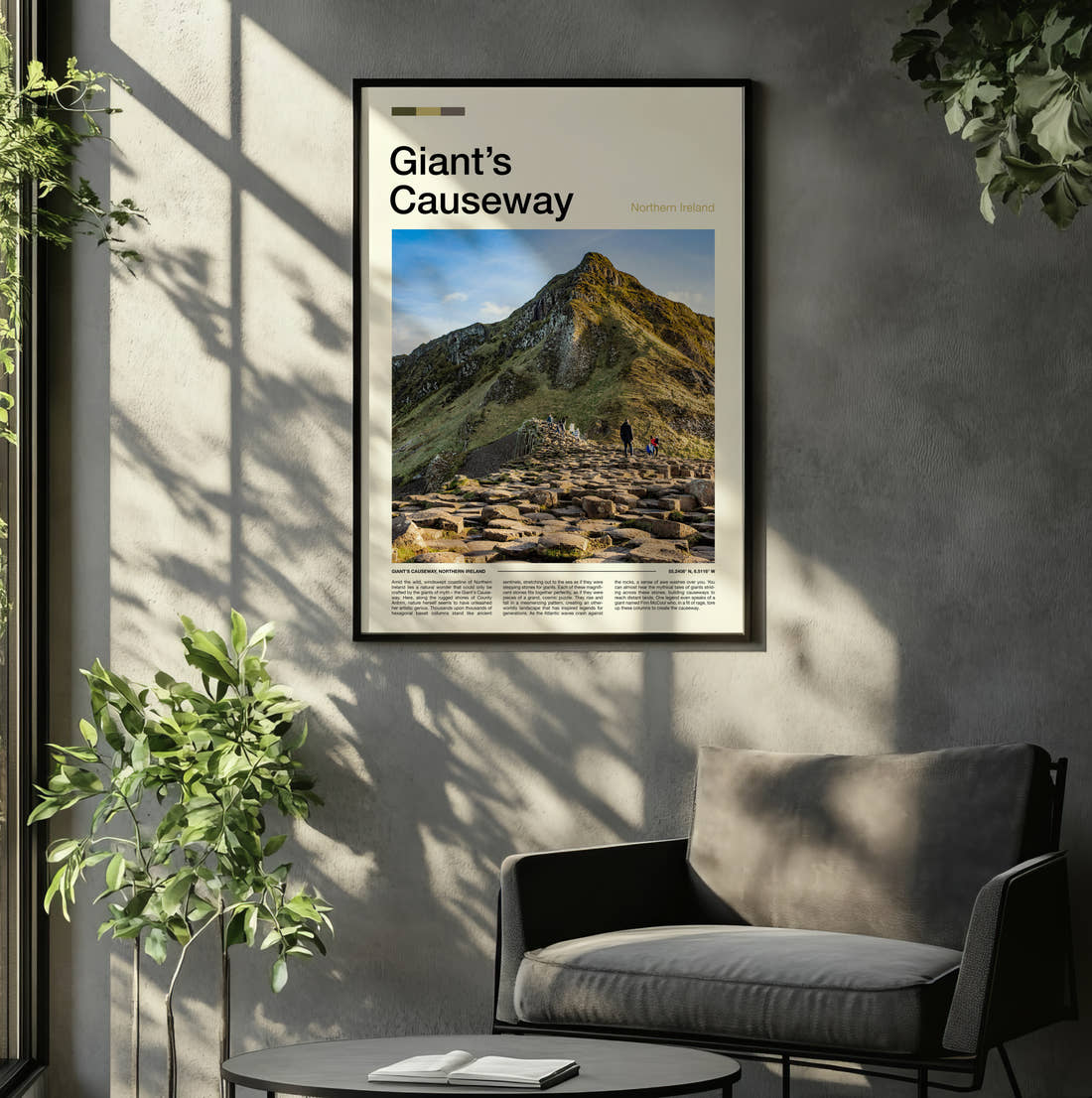 Giant's Causeway Rocky Cliff Path Travel Print framed on the wall of a relaxed living room