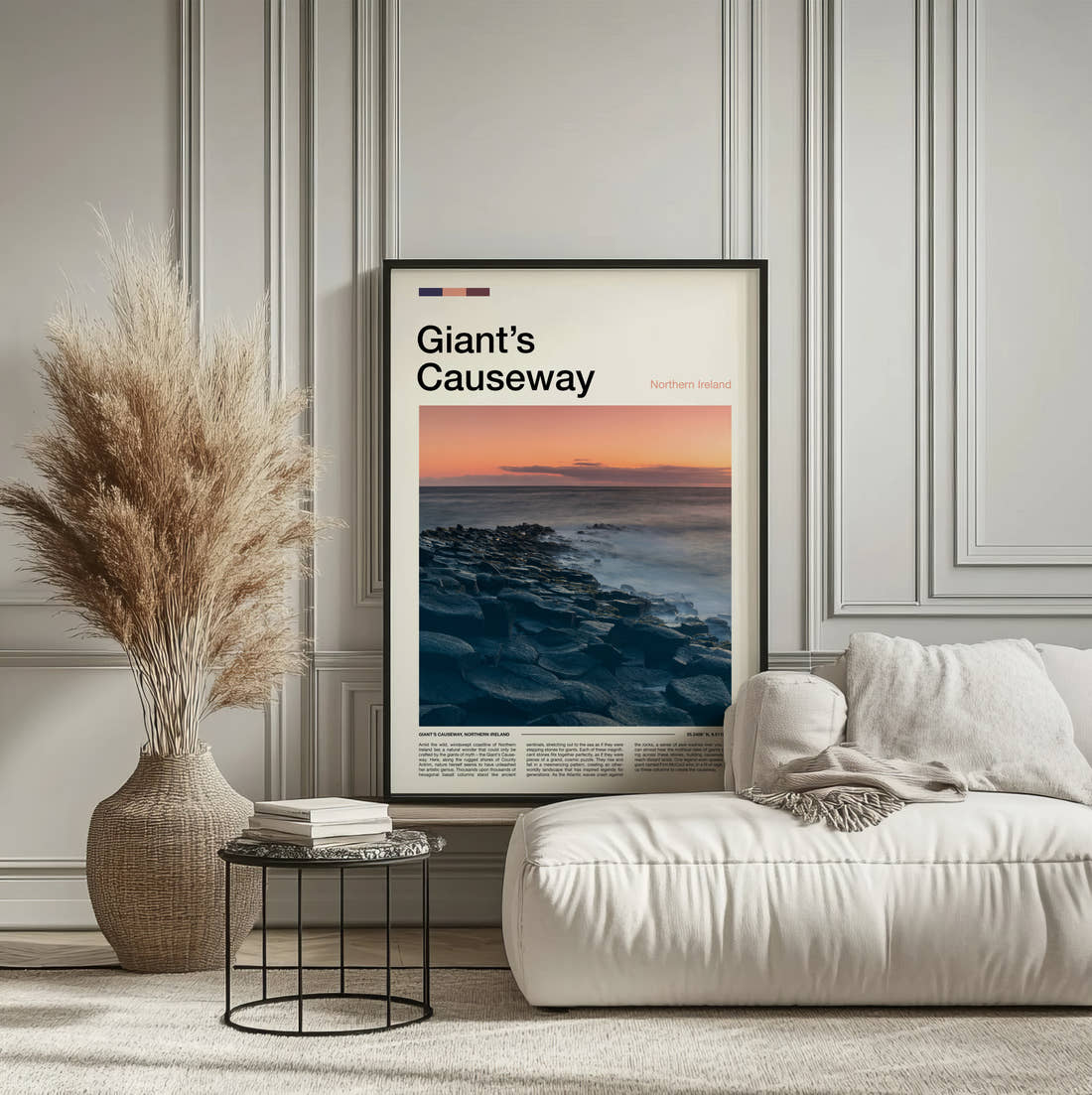 Giant's Causeway Basalt Columns At Sunset Travel Print framed on the wall of a calm, neutral bedroom