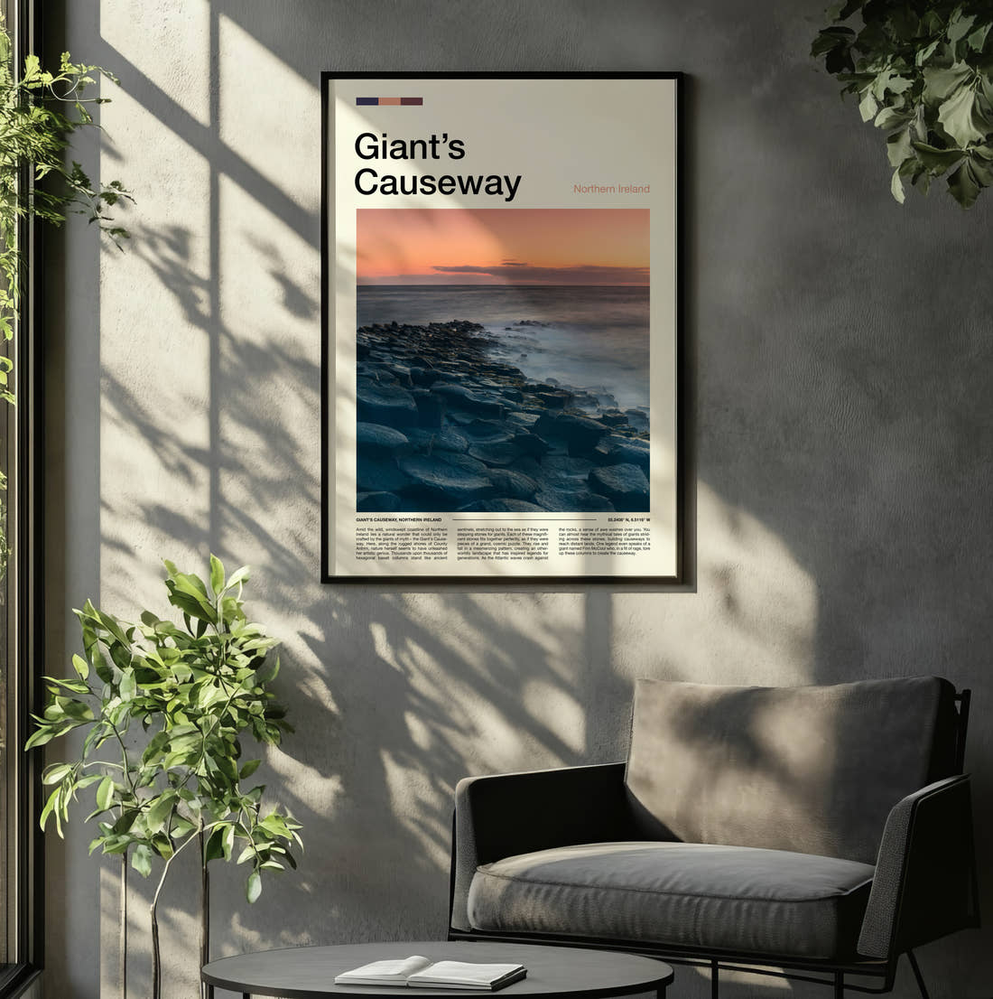 Giant's Causeway Basalt Columns At Sunset Travel Print framed on the wall of a relaxed living room