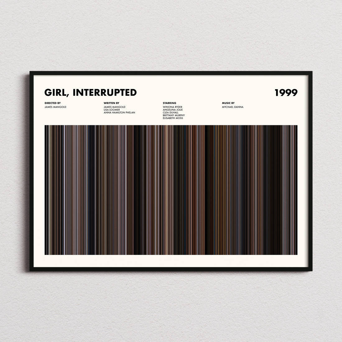 Girl, Interrupted Movie Barcode Poster framed and photographed straight on