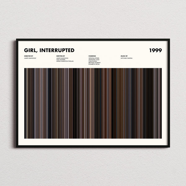 Girl, Interrupted Movie Barcode Poster framed and photographed straight on