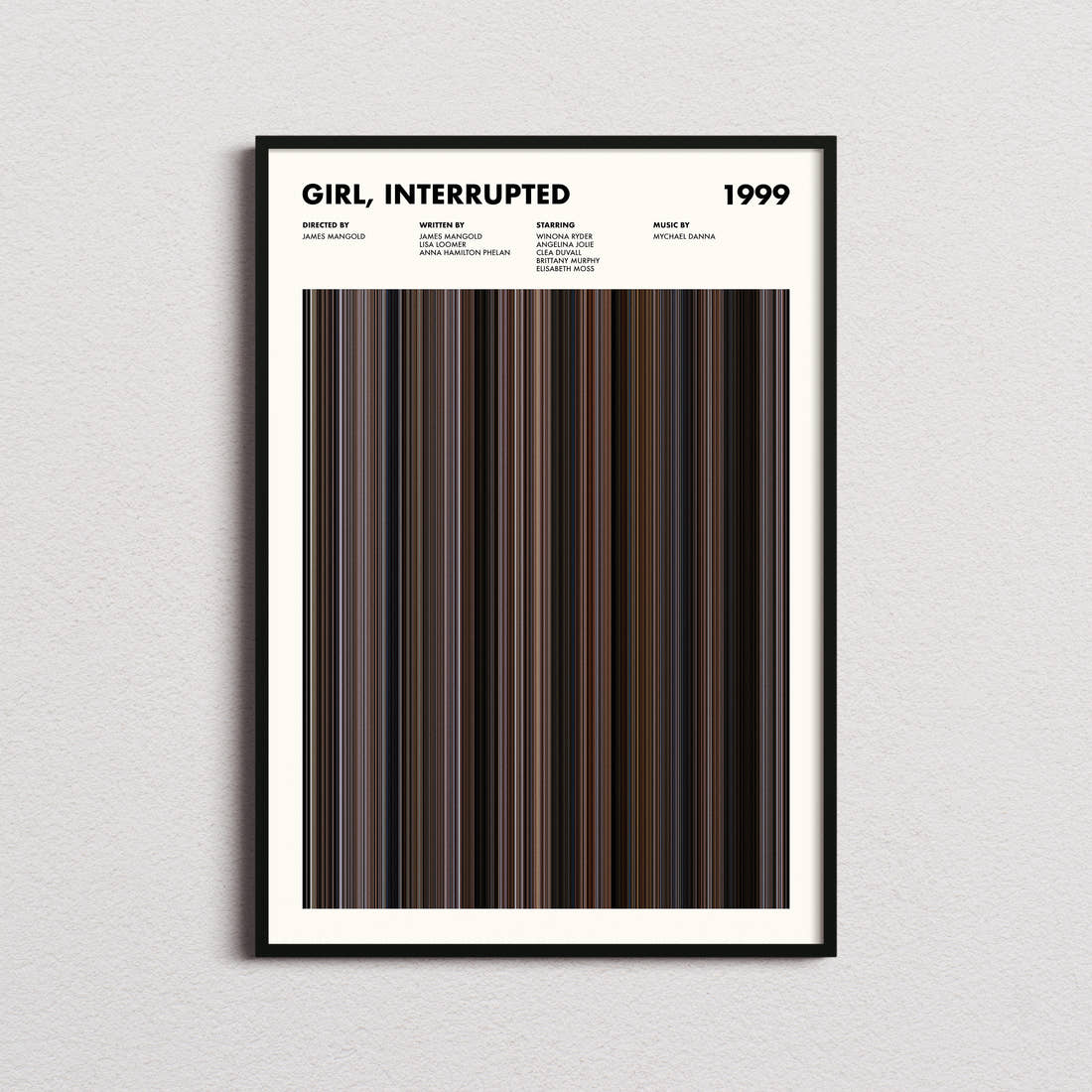 Girl, Interrupted Movie Barcode Poster framed on a plain studio wall