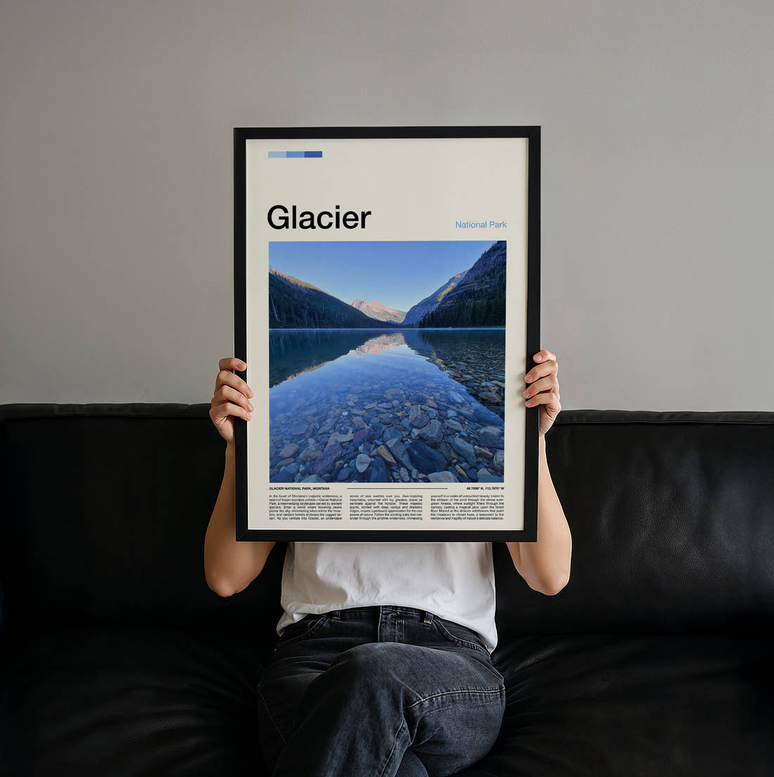 Glacier Clear Lake And Pebbles Travel Print held up by hand to show the size of the print