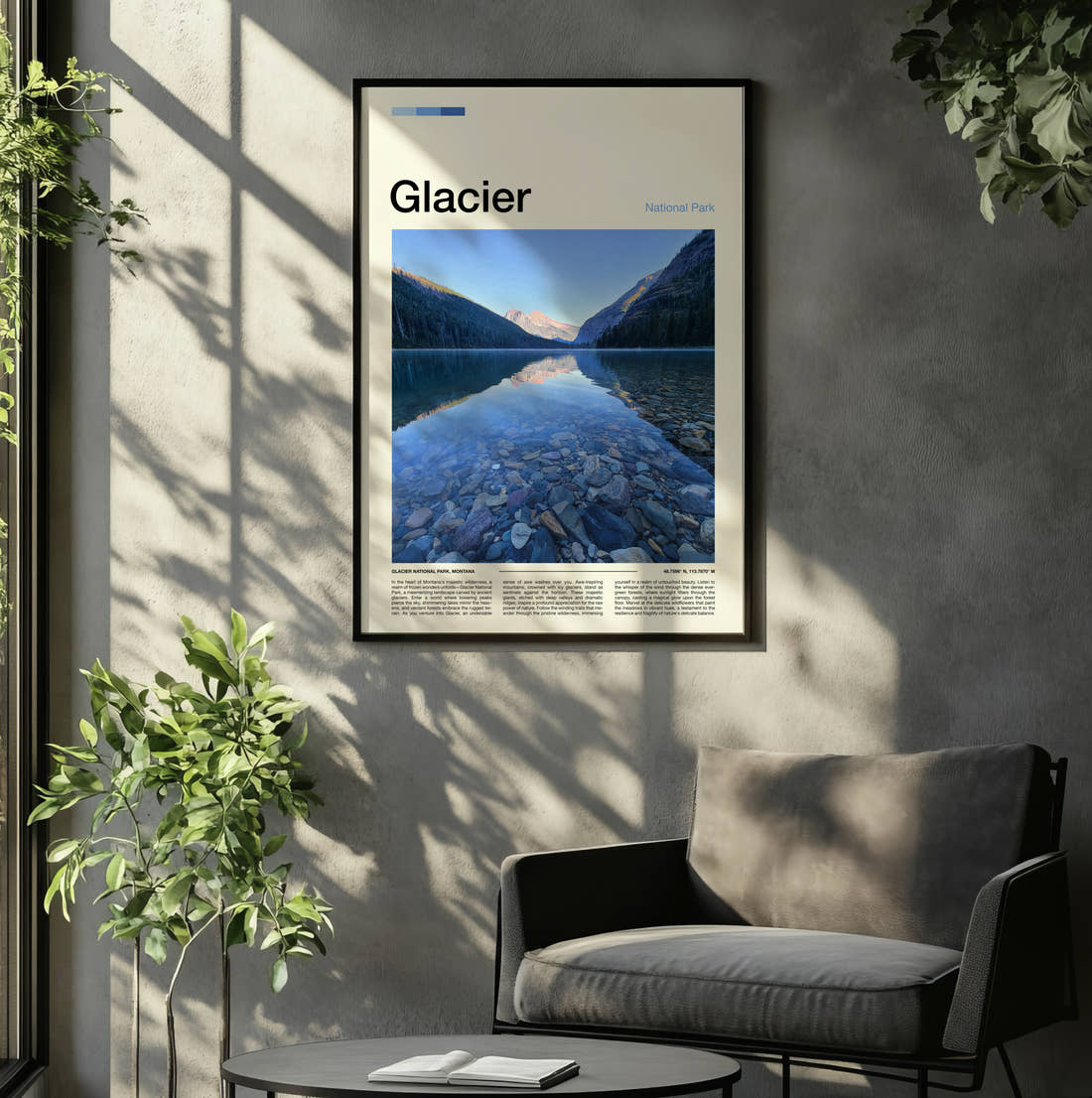 Glacier Clear Lake And Pebbles Travel Print framed on the wall of a relaxed living room