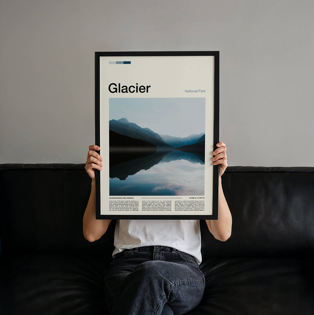 Glacier Mountain Lake Reflection Travel Print held up by hand to show the size of the print