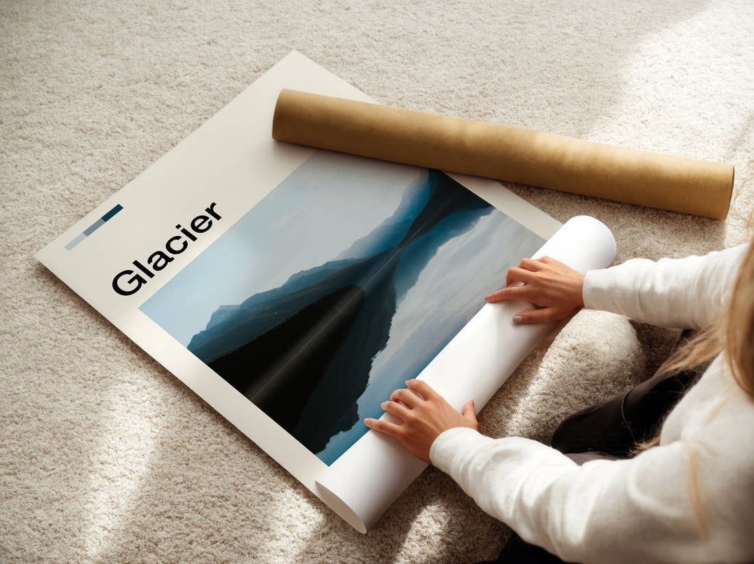Glacier Mountain Lake Reflection Travel Print being unrolled from its postal tube