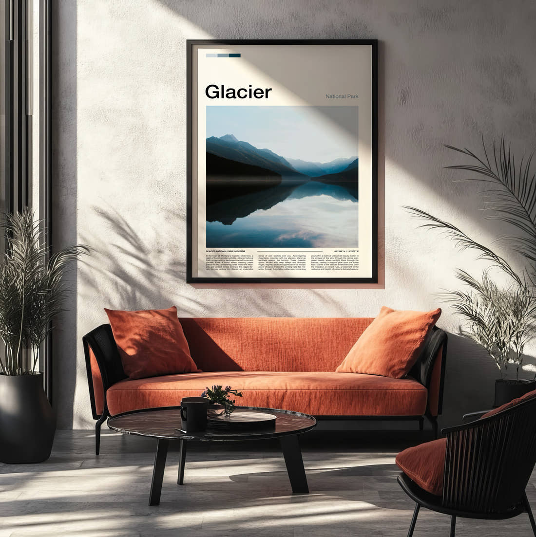 Glacier Mountain Lake Reflection Travel Print framed on the wall of a modern living room