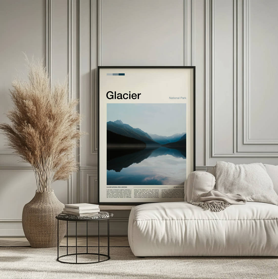Glacier Mountain Lake Reflection Travel Print framed on the wall of a calm, neutral bedroom